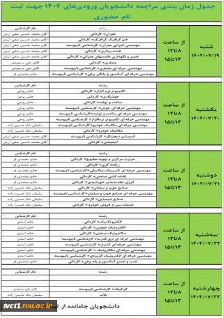 جدول زمان بندی مراجعه دانشجویان ورودی های 1404 جهت ثبت نام حضوری