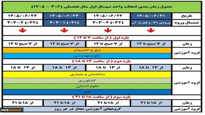 جدول زمانی انتخاب واحد نیمسال اول سال تحصیلی 1406-1405